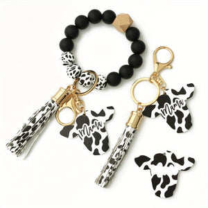 Cute Cow Pattern Silicone Beads Tassel Wristlet Keychain - A Kawaii Wooden Bead Bracelet Gift For Men & Women!