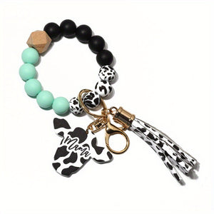 Cute Cow Pattern Silicone Beads Tassel Wristlet Keychain - A Kawaii Wooden Bead Bracelet Gift For Men & Women!