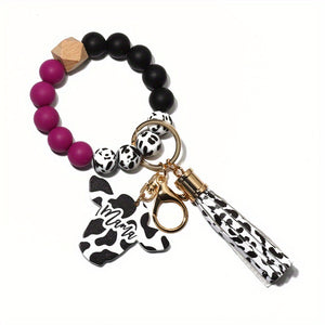 Cute Cow Pattern Silicone Beads Tassel Wristlet Keychain - A Kawaii Wooden Bead Bracelet Gift For Men & Women!