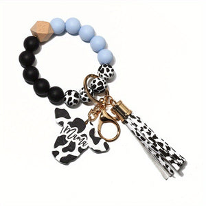 Cute Cow Pattern Silicone Beads Tassel Wristlet Keychain - A Kawaii Wooden Bead Bracelet Gift For Men & Women!