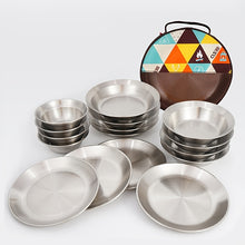 16pcs/Set Outdoor Tableware Set:  Steel Barbecue Picnic Plates, Bowls, Dinnerware & StoraBag - Perfect for Camping Mess Kits, Ramadan Supplies