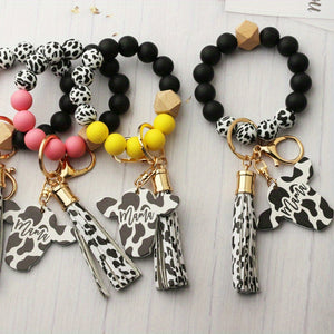 Cute Cow Pattern Silicone Beads Tassel Wristlet Keychain - A Kawaii Wooden Bead Bracelet Gift For Men & Women!