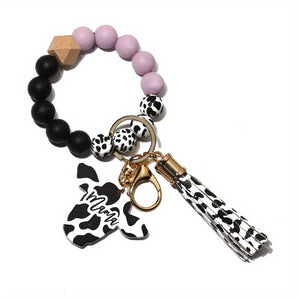 Cute Cow Pattern Silicone Beads Tassel Wristlet Keychain - A Kawaii Wooden Bead Bracelet Gift For Men & Women!