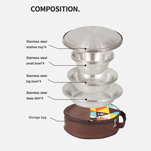 16pcs/Set Outdoor Tableware Set:  Steel Barbecue Picnic Plates, Bowls, Dinnerware & StoraBag - Perfect for Camping Mess Kits, Ramadan Supplies