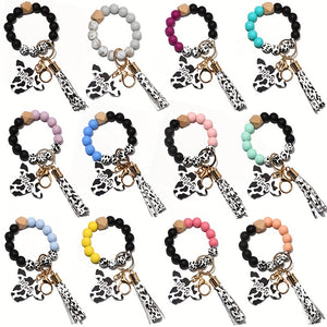 Cute Cow Pattern Silicone Beads Tassel Wristlet Keychain - A Kawaii Wooden Bead Bracelet Gift For Men & Women!