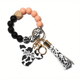 Cute Cow Pattern Silicone Beads Tassel Wristlet Keychain - A Kawaii Wooden Bead Bracelet Gift For Men & Women!