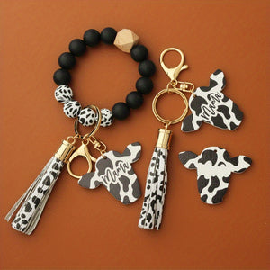 Cute Cow Pattern Silicone Beads Tassel Wristlet Keychain - A Kawaii Wooden Bead Bracelet Gift For Men & Women!