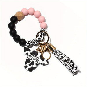 Cute Cow Pattern Silicone Beads Tassel Wristlet Keychain - A Kawaii Wooden Bead Bracelet Gift For Men & Women!