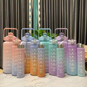 3-Piece Gradient Water Bottle Set: Leakproof, Straw-Equipped, Motivational - Perfect for Family, Outdoor Activities, Gym & More!