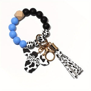 Cute Cow Pattern Silicone Beads Tassel Wristlet Keychain - A Kawaii Wooden Bead Bracelet Gift For Men & Women!