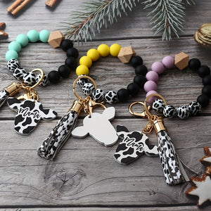 Cute Cow Pattern Silicone Beads Tassel Wristlet Keychain - A Kawaii Wooden Bead Bracelet Gift For Men & Women!